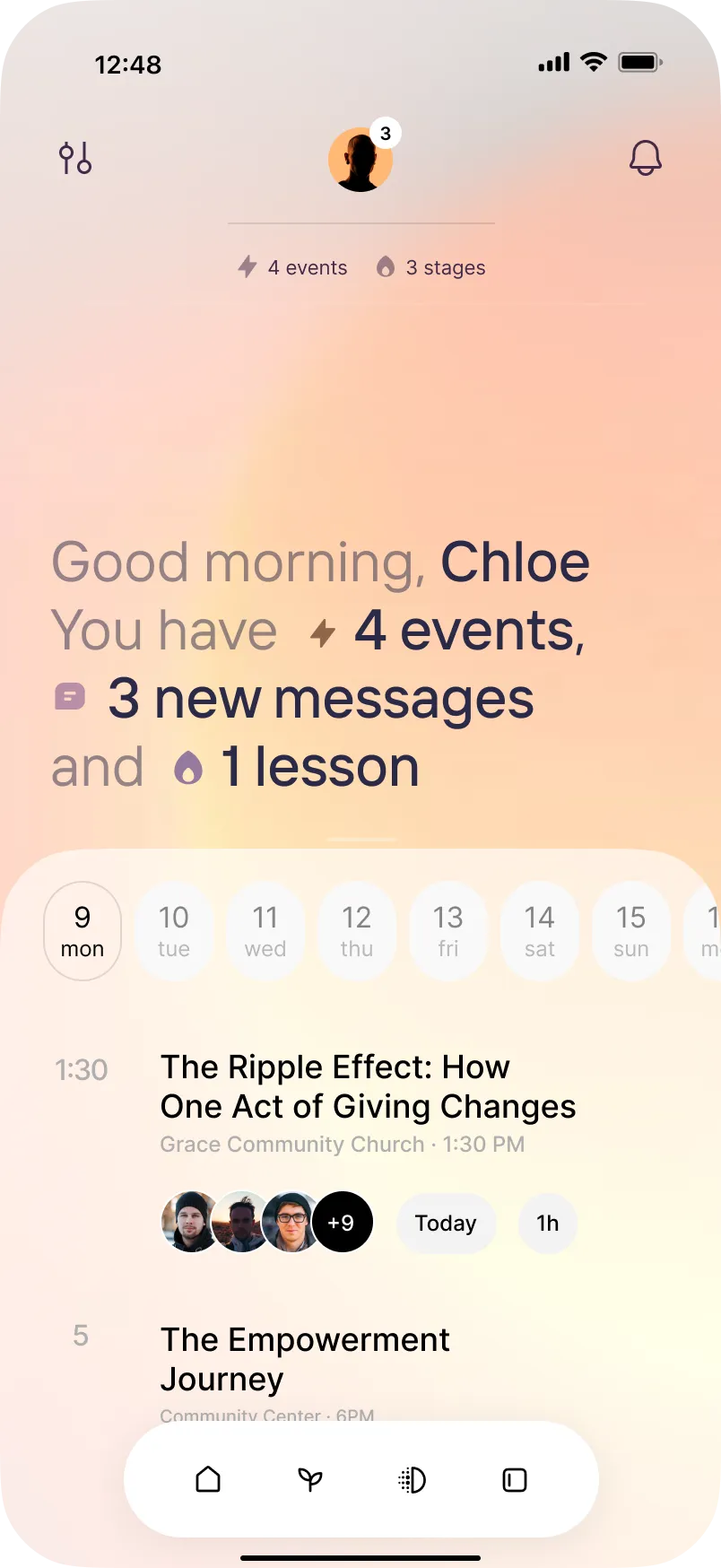 RISE app home greeting a RISER with their events, messages, and next lesson