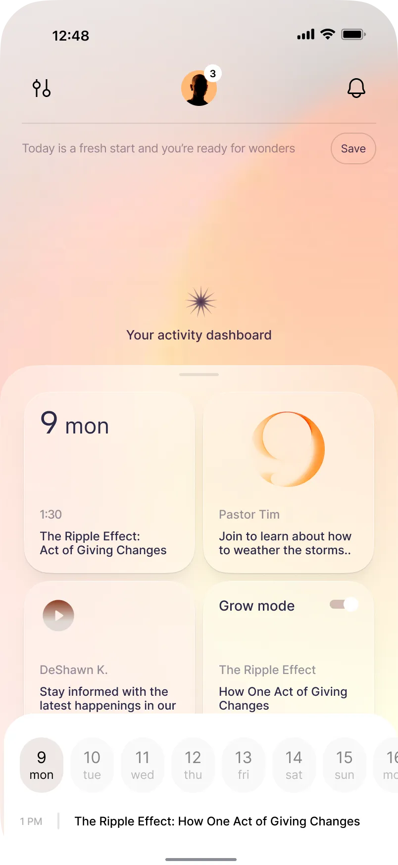 RISE app activity dashboard surfacing matched events and programs